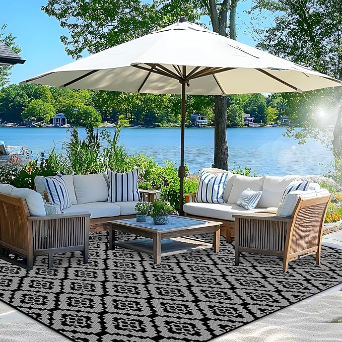 Wallona Outdoor Rugs 9x12 ft Patio Waterproof Clearance Indoor Outdoor Large Carpet for Patio Plastic Straw Reversible Area Rugs Mat for RV, Camping, Balcony, Beach, Picnic, Porch, Brick Black & Grey