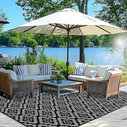 Wallona Outdoor Rugs 5x8 ft Patio Waterproof Clearance Indoor Outdoor Carpet for Patio Plastic Straw Reversible Area Rugs Mat for RV, Camping, Balcony, Beach, Picnic, Porch, Brick Black & Grey