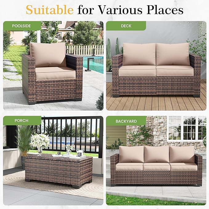 Amopatio Patio Loveseat, Outdoor Furniture 2-Seat Wicker Porch Furniture Outdoor Couch Sofa with Water-Resistant Cover & Non-Slip Cushions, Premium Patio Set, Khaki
