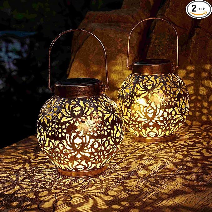 Set of 2 Solar Lanterns Outdoor Hanging Decorative Lights for Garden Patio Porch Decorations. (Bronze)