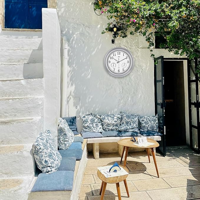 BEW Outdoor Clock for Patio, 18 Inch Large Outdoor Clocks Waterproof Weatherproof with Thermometer & Hygrometer Combo, Easy-to-Read Outside Wall Clock for Fence, Garden, Poolside, Backyard-Silver