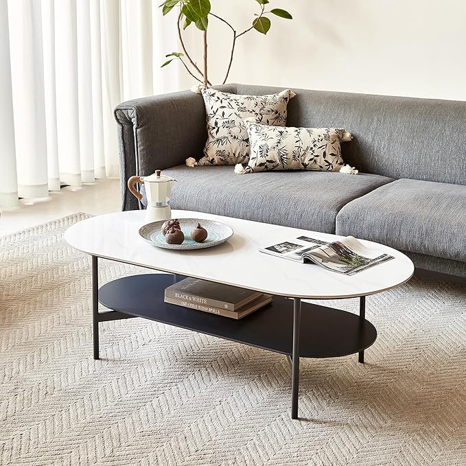 Oval Marble Coffee Table 47.2Inch Modern Living Room Center Table with Sintered Stone Top Dark Grey MDF Bottom Shelf 2-Layer, Sturdy Steel Frame