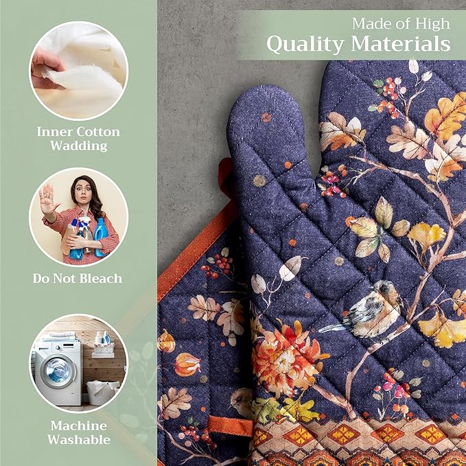 Maison d' Hermine 100% Cotton Oven Mitt & Pot Holder Set (7.5"x13" & 8"x8") Heat Resistant BBQ Cooking Gloves with Loop for Thanksgiving Christmas Decorations Handling Hot Pans (Kelim - Infinity)