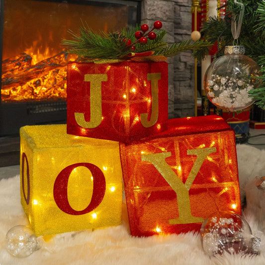 Hourleey Set of 3 Christmas Lighted Gift Boxes, Pre-lit 60 LED Light Up Joy Present Boxes Ornament Decorations for Indoor Outdoor Xmas Tree Home Yard Lawn Decor