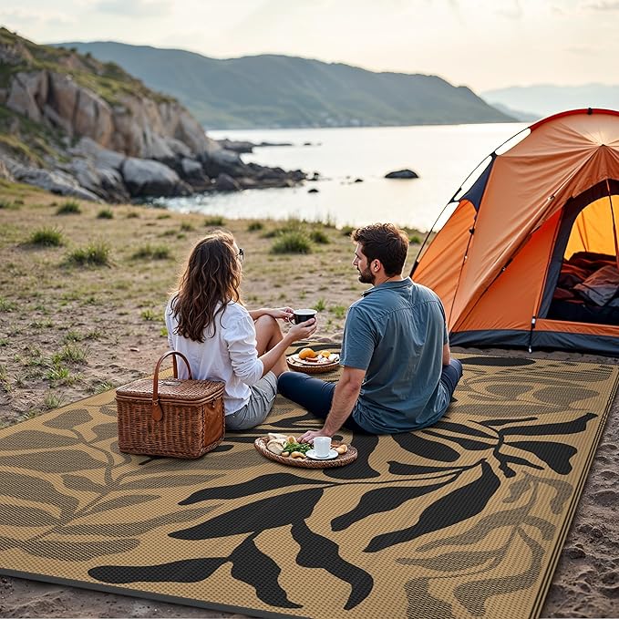 GENIMO Outdoor Rug 6' x 9' Waterproof for Patio Clearance, Reversible Plastic Straw Camping Carpet, Lightweight Mats for Rv, Backyard, Deck, Porch, Picnic, Beach, Balcony, Black & Brown