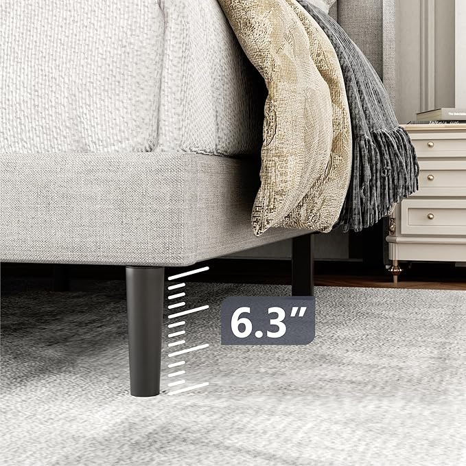 Twin Size Bed Frame with Upholstered Wingback Headboard, Easy Assemnly Platform Bed, Wooden Slat Support No Box Spring Needed, Sand