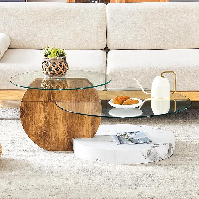 Glass Coffee Table, Modern Round Glass Coffee Table with Wooden Base, 3 Tier Round Coffee Table, Clear Cocktail Table with Storage for Living Room, Office, Balcony, Wood and White