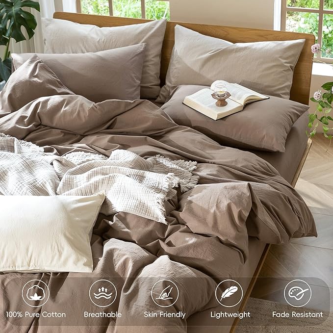 MooMee Bedding Duvet Cover Set 100% Washed Cotton Linen Like Textured Breathable Durable Soft Comfy (Solid Brown, King 104"x90")