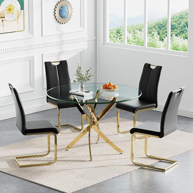 Goujxcy 5 Pieces Round Dining Table Set for 4, Modern Gold Glass Kitchen Table and Chairs for 4 with Upholstered Chairs, Circle Coffee Dining Table Set for Small Space,Apartment,Office