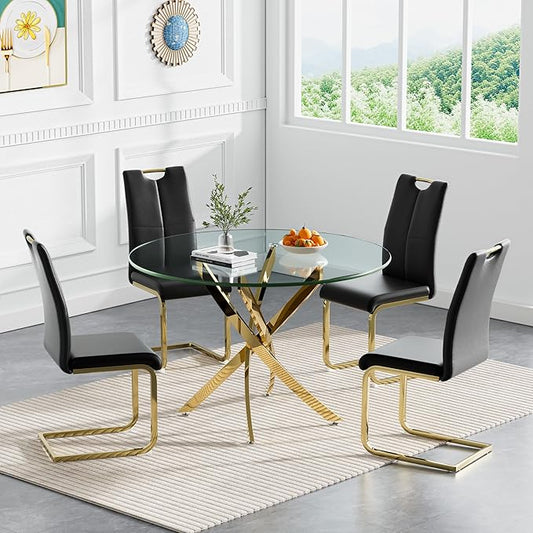 Goujxcy 5 Pieces Round Dining Table Set for 4, Modern Gold Glass Kitchen Table and Chairs for 4 with Upholstered Chairs, Circle Coffee Dining Table Set for Small Space,Apartment,Office