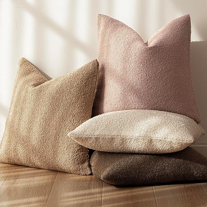 Foindtower Set of 2, Decorative Textured Boucle Throw Pillow Covers Accent Solid Pillow Cases Neutral Soft Couch Cushion Case for Chair Sofa Bedroom Living Room Home Decor 24 x 24 Inch Light Pink