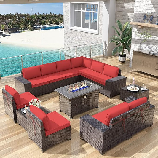 Kurapika 13 Pieces Patio Furniture Set, Rattan Wicker Outdoor Conversation Sets w/43in Propane Fire Pit Table(Red)