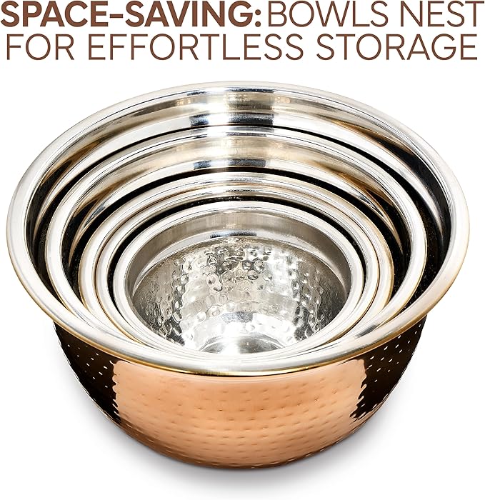 COOK WITH COLOR 18 Piece Mixing Bowls Set with Airtight Lids, Stainless Steel Bowl Organizers, Food Storage Containers, Meal Prep, Nesting Salad Bowls For Cooking, Baking, Kitchen, Copper - Hammered