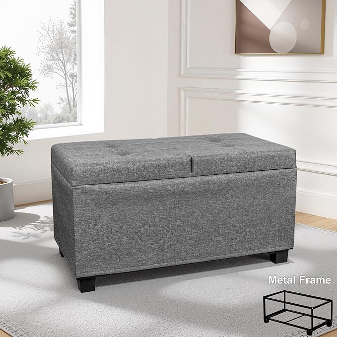 LITZFUE Metal Storage Ottoman Bench with Flipping Lid, 30 Inches Shoe Bench with Legs, Linen Footrest, Storage Chest for Living Room, Bedroom, Entryway, Dark Gray