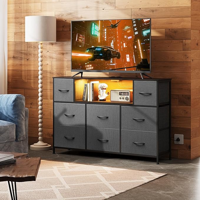 WLIVE Grey TV Stand for 45, 50, 55 inch TV, Entertainment Center with LED Lights & Charging Station, TV Media Console Table with 8 Fabric Drawers and Open Storage Shelves for Living Room, Hallway