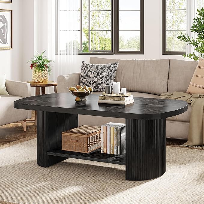 Tribesigns Oval Coffee Table, Mid-Century 2-Tier Coffee Table with Storage Shelf, Modern 45.27" Accent Center Table with Wooden Dual Base for Living Room Bedroom Apartment (Black)