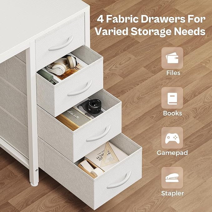 Huuger 47 inch Computer Desk with 4 Drawers, Gaming Desk with LED Lights & Power Outlets, Home Office Desk with Large Storage Space for Bedroom, Work from Home, White