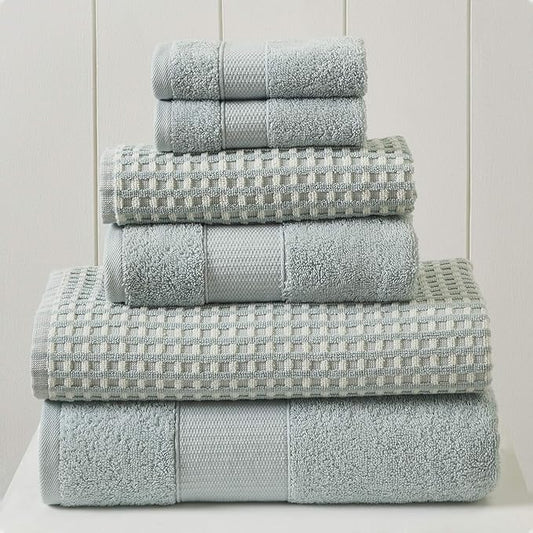 Modern Threads 6-Piece 100% Combed Cotton Yarn Dyed Cobblestone Jacquard Towel Set Misty Blue