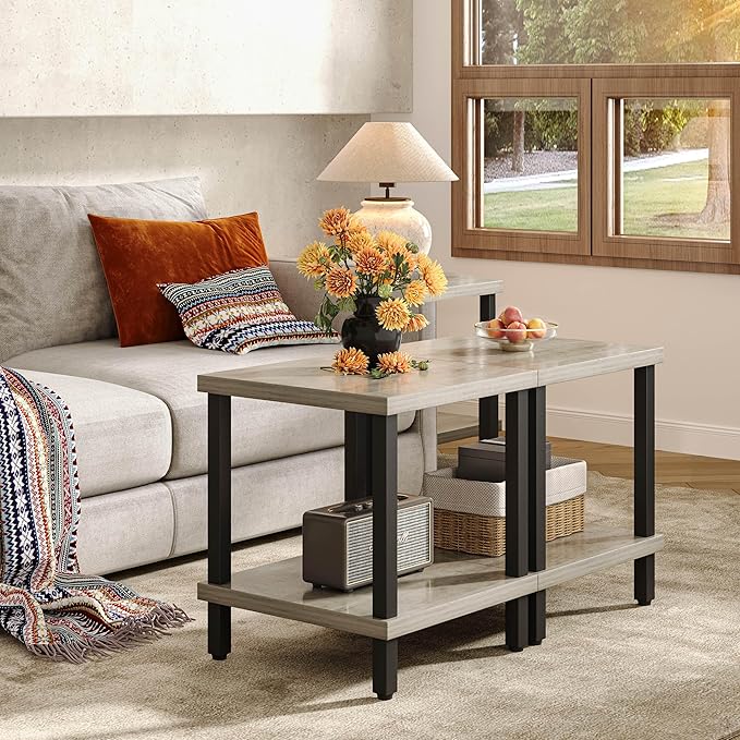 Large End Table Farmhouse Side Table Industrial Style Sofa Table Metal X Accent Wood Coffee Table NightStand with Storage Shelf for Living Room Bedroom Oak Grey MLBZ16Z