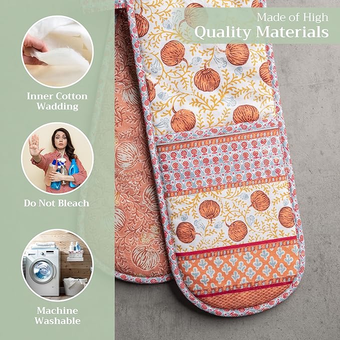 Maison d' Hermine Double Oven Mitt (7" x 35") 100% Cotton Heat Resistant BBQ Cooking Gloves with Loop for Thanksgiving Christmas Decorations Baking Cooking Barbeque Handling Hot Pan (Harvest Festival)