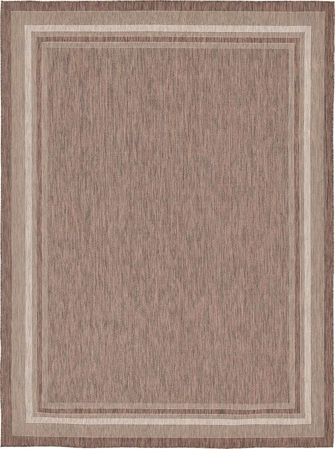 Unique Loom Outdoor Border Collection Area Rug - Soft Border (9' x 12' Rectangle, Brown/ Ivory)