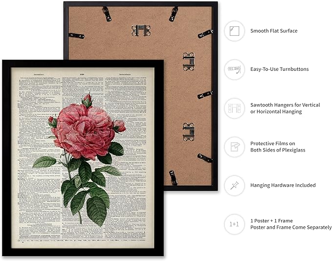 Poster Master Dictionary Art Poster - Pink Roses Print - Flower Art - Floral Art - Gift for Him, Her & Florist - Minimal Decor for Living Room, Bedroom, Dorm or Flower Shop, 11x14 Black Framed