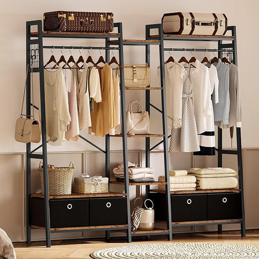 IRONCK Garment Rack and Storage Shelves, Heavy Duty Closet Rack with Hanging Rods,4 Drawers, T Shaped Coat Rack Closet Organizer, Vintage Brown