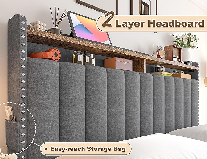 EnHomee Queen Size Bed Frame, Upholstered Queen Bed Frame with 3 Storage Drawers & 2-Tier Headboard Shelves, 1100LBS Heavy Duty, No Box Spring Needed, Easy Assembly, Grey