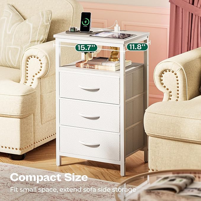 Huuger Night Stand with Charger Station and LED Lights, 3 Drawer Nightstand, Bed Side Table with Open Shelf, End Table, Tall Fabric Dresser for Bedroom, PU Leather, White