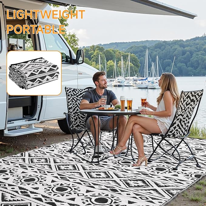 Outdoor Rug Waterproof 6x9 ft, Reversible Outdoor Plastic Straw Rug Patio Rug, RV Rugs for Outside, Outdoor Carpet for Patio Camping Deck Balcony Backyard, Black & White