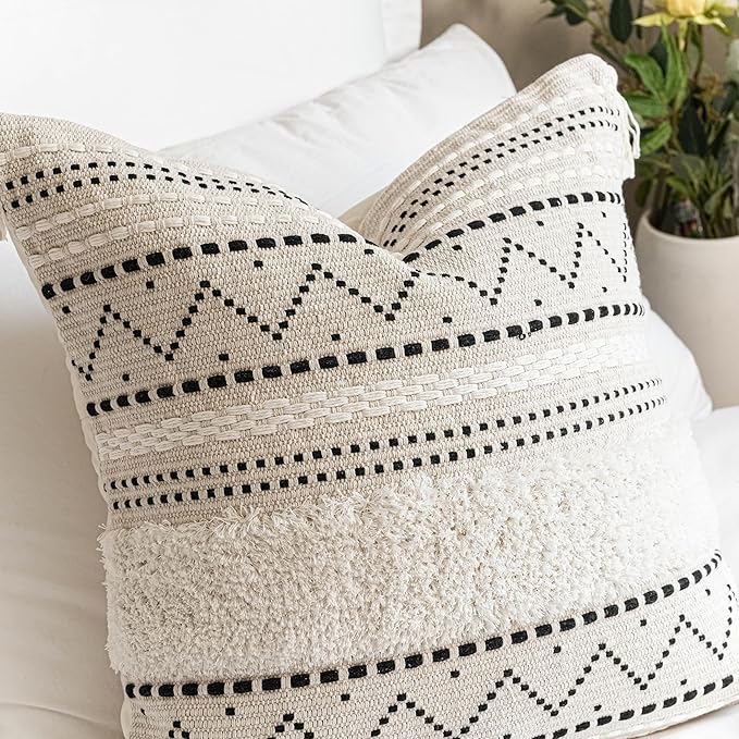 Decorative Throw Pillow Cover 20x20 Square Boho Black Neutral White Accent Pillowcase Tassels Farmhouse Cushion for Couch Sofa Bedroom Living Room Home Décor (Cover ONLY, Pack of 1)
