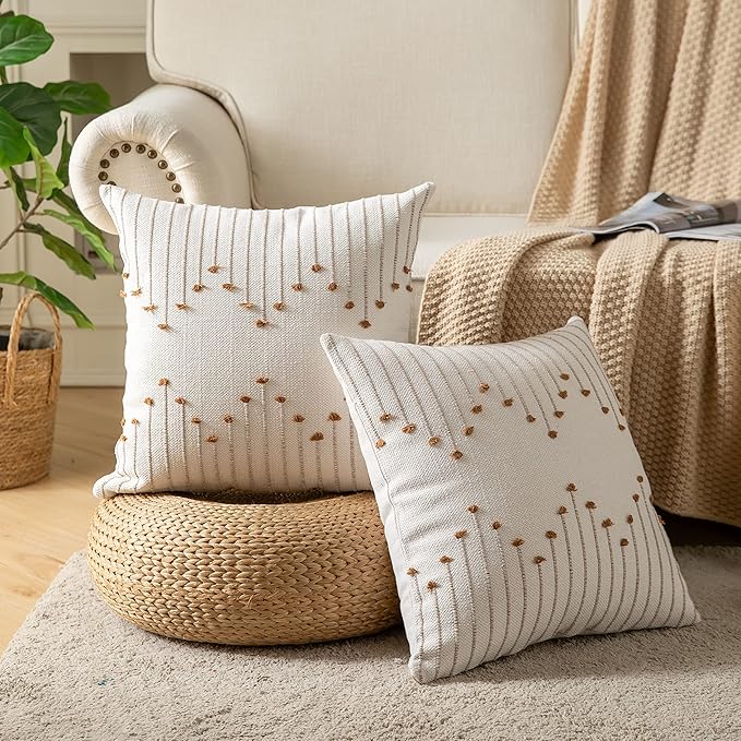 Caflife Boho Throw Pillow Covers 18x18 Set of 2 Decorative Pillows for Bed, Neutral Pillow Covers Beige with Brown Line Throw Pillows for Modern Farmhouse Couch Sofa Living Room Outdoor