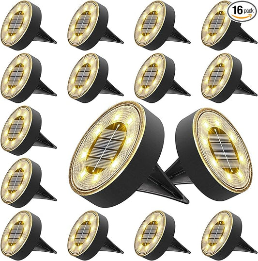 Joomer Solar Ground Lights, 16 Pack 8 LED Solar Lights Outdoor IP68 Waterproof Disc Light In-Ground Landscape Lighting Outdoor for Patio Pathway Lawn Yard Driveway Walkway (Warm White)