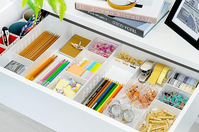 CAXXA 3 Slot Drawer Organizer with 4 Adjustable Dividers - Junk Drawer Storage for Makeup & Vanity, Office Desk Supplies and Accessories (WHITE, 1 PACK)