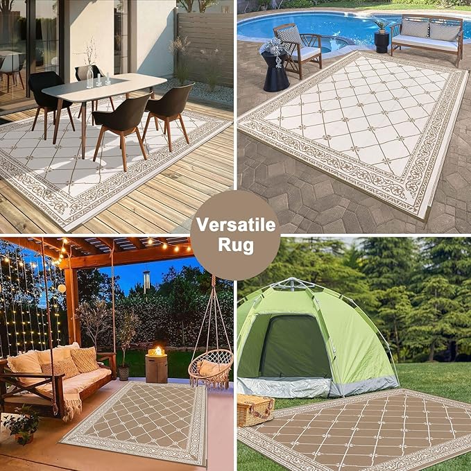 Outdoor Rug 8'x10' for Patios Waterproof Grey Patio Rugs Outdoor Mats for Front Porch,Beach Mat,Reversible Plastic Straw Camping Rugs for Outside RV,Deck,Balcony,Backyard