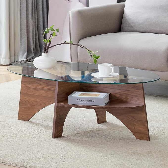 41" Oval Glass Coffee Table with Tempered Glass Top and MDF Base, Diagonal Fan-Shaped Tray Design Table Leg Simple & Modern Center Table for Living Room Office Apartment Walnut