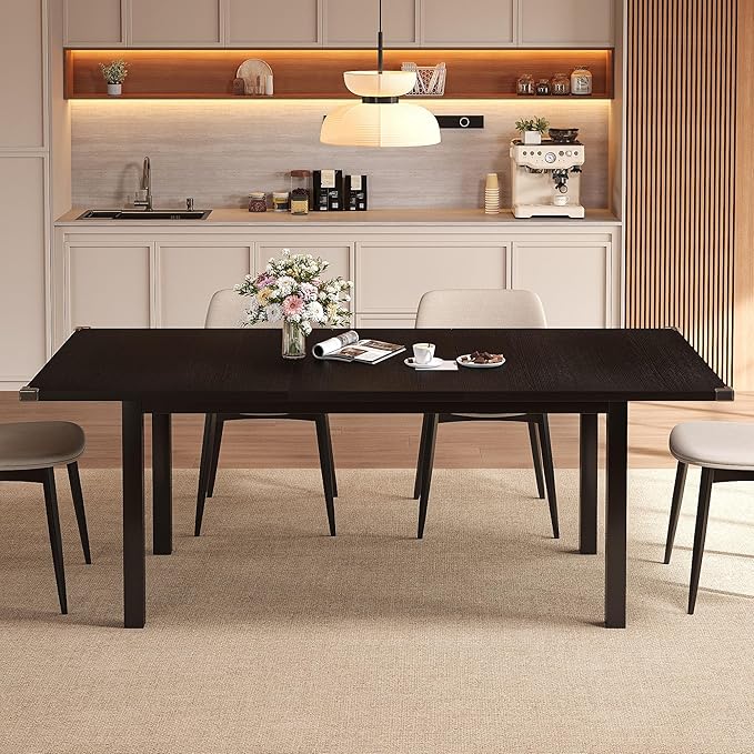 Extendable Dining Table for 4-6, 63" Modern Kitchen Table, Farmhouse Dining Room Tables for Dining, Kitchen, Office, Living Room, Rectangular Wooden Tables, Space Saving (Black)