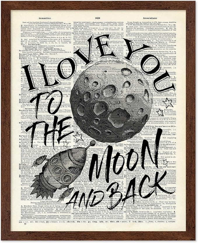 Poster Master Dictionary Art Poster - I Love You To The Moon and Back Print - Motivational Art - Gift for Him, Her & Lovers - Romantic Decor for Dorm, Bedroom or Living Room, 11x14 Brown Framed