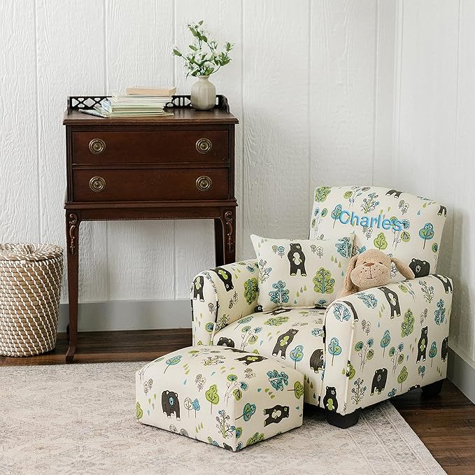 Toddler Personalized Armchair, Kids Upholstered Rocking Chair with Personalization, Toddler Chair with Personalized Name, Comfy Child Armchair, (Bears & Trees Print, Legs)
