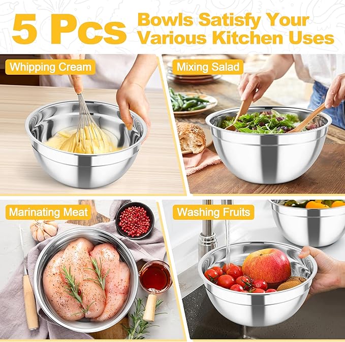 TeamFar Mixing Bowls, Stainless Steel Salad Serving Bowl with Clear Lids & 3 Graters, For Kitchen Cooking Prepping Storing, Size 4.6/2.6/1.5/1/0.7 QT, Nesting & Airtight, Set of 5 & Multicolor