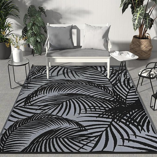 GENIMO Outdoor Rug 6' x 9' Waterproof for Patio Clearance, Reversible Plastic Straw Camping Carpet, Lightweight Mats for Rv, Backyard, Deck, Porch, Picnic, Beach, Balcony, Mix-Black & Gray