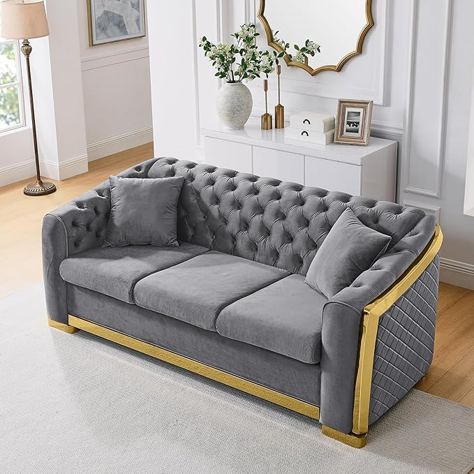 KEIKI 81" Luxury Oversized Velvet Chesterfield Sofa with Gold Stainless Decoration, Mid-Century Style 3-Seater Couch with Tufted Back and Rolled Arms, Easy Assembly, for Apartment, Living Room, Grey