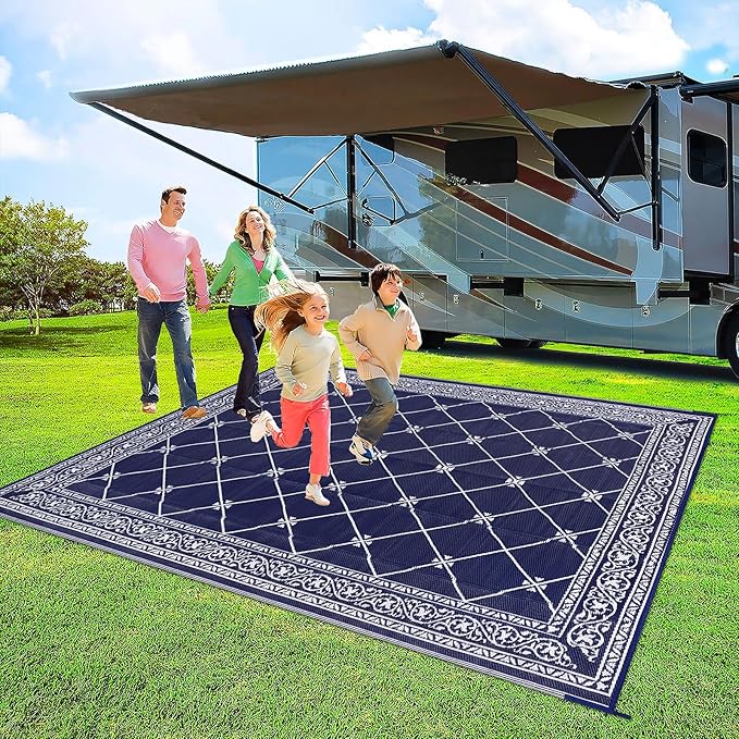 Outdoor Rug 8'x10' for Patios Waterproof Patio Rugs Outdoor Mats for Front Porch,Beach Mat,Reversible Plastic Straw Camping Rugs for Outside RV,Deck,Balcony,Backyard Navy Blue