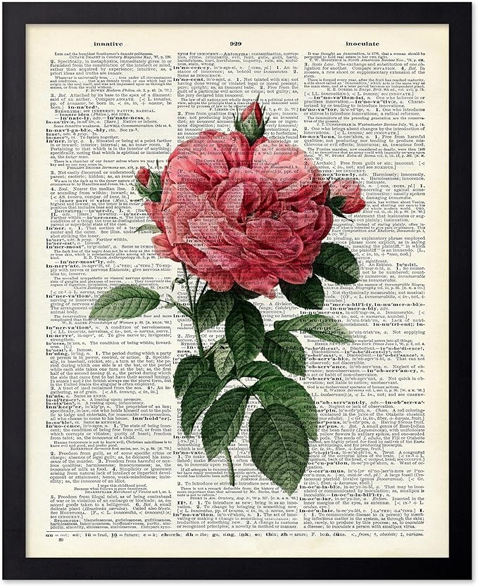 Poster Master Dictionary Art Poster - Pink Roses Print - Flower Art - Floral Art - Gift for Him, Her & Florist - Minimal Decor for Living Room, Bedroom, Dorm or Flower Shop, 11x14 Black Framed