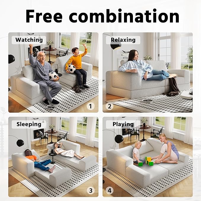 Cloud Modular Sectional Sofa, DIY Combination Modular Couch for Living Room, Unique Knitted Fabric Love Seat Couches with 2 Pillows, 2 Seater Comfy Sectional Couch with No Assembly (Beige)