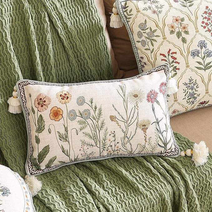 Design Linen Throw Pillow Covers 12"x20" Pack of 2, Lumbar Farmhouse Cushion Covers with Yellow Purple Watercolor Wildflower Pattern Decor Pillowcases for Bed,Living Room,Outdoor,Car