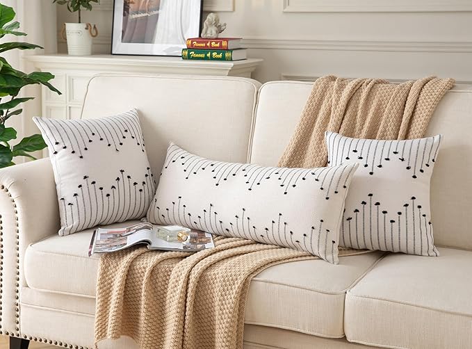 Caflife Boho Lumbar Pillow Cover 14x36 Long Pack of 1 Decorative Pillows Bed, Beige with Black Body Throw Pillow Covers, for Modern Farmhouse Sofa Bedroom Living Room Home Decor Couch Pillowcase