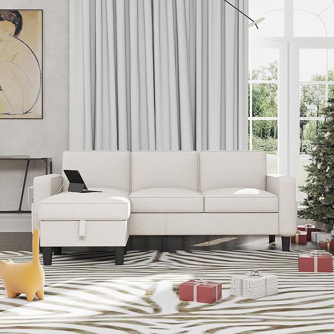 Sectional Sofa Couches for Living Room - Beige 3 Seat L-Shaped Couch with Type-C Charging Port & Storage Ottoman, Comfy Linen Convertible Sectionals Sofas with Chaise for Apartment