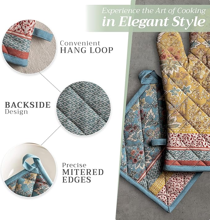 Maison d' Hermine 100% Cotton Oven Mitt & Pot Holder Set (7.5"x13" & 8"x8") Heat Resistant BBQ Cooking Gloves with Loop, Baking, Grilling, Kitchen, Handling Hot Pans Spring/Summer (Marquise)