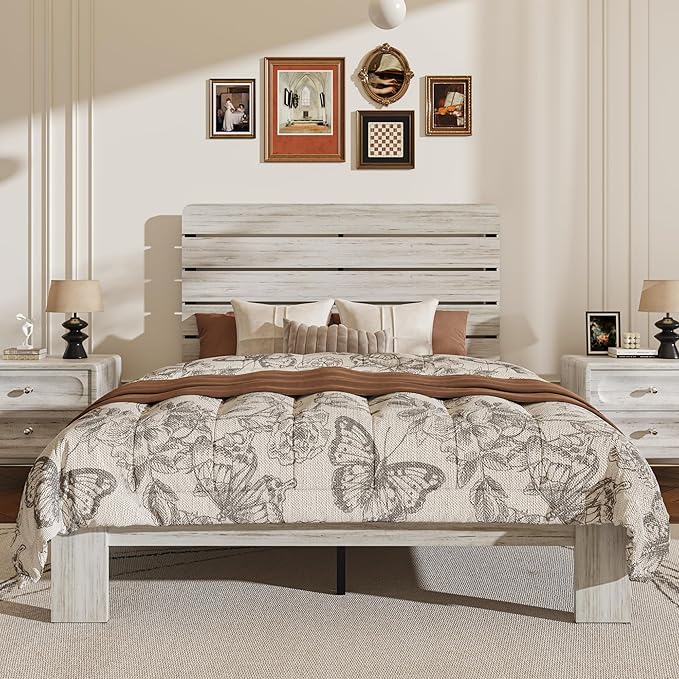 Queen Size Wooden Bed Frame with Headboard, Boho Platform Bedframe with Wood Slat Support, Sturdy and No Noise, Easy Assembly (Boho White, Queen)